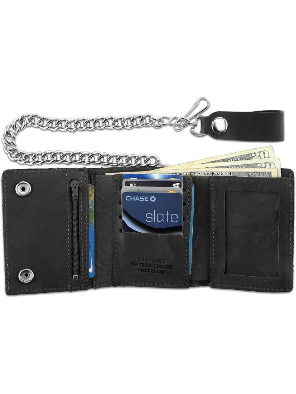 Vintage Biker Tri-fold Wallet | RFID Blocking Cowhide Leather | Steel Chain